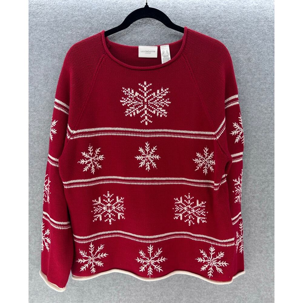 Liz Claiborne Liz Sport Womens XL Red & White Knit Beaded Snow Flake Sweater 90s